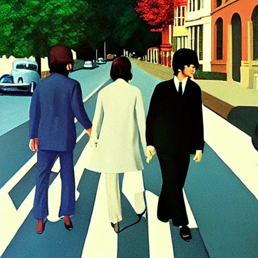 Image similar to beatles walk across the road by Raphael, Hopper, and Rene Magritte. detailed, romantic, enchanting, trending on artstation.