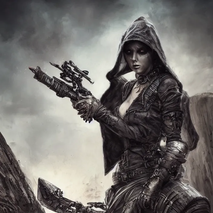 Image similar to beautiful apocalyptic woman in hooded cloak, standing on mad max panzer tank, hyper-detailed, smooth, sharp focus, 4k ultra hd, fantasy dark art, tank girl, artgerm, artstation, octane render, elegant, detailed digital painting, apocalyptic art