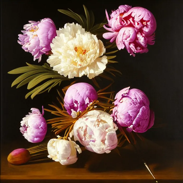 Prompt: still life painting of a beautiful bouquet of purple and pink peonies by pieter claesz, palm trees in the background, oil on canvas, strong lighting, highly detailed, hyper realism, golden hour, god rays, hd, 4 k