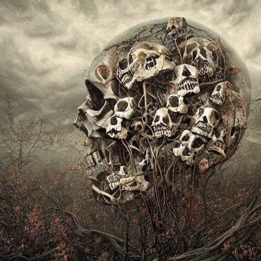 Image similar to a hyperrealistic painting of a psychedelic landscape, structures made of human skulls, by anton semenov and santiago caruso, highly detailed, vivid color,
