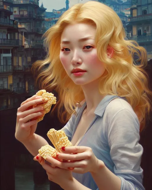 Image similar to Portrait of a  blonde lady and a Chinese man eating ice creams in Porto,real life skin, intricate, elegant, highly detailed, artstation, concept art, smooth, sharp focus, art by artgerm and greg rutkowski and alphonse mucha