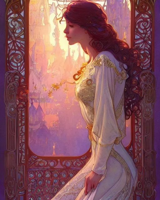 Image similar to secret romance, highly detailed, very intricate, art nouveau, gold filigree, romantic storybook fantasy, soft cinematic lighting, award - winning, disney concept art watercolor illustration by mandy jurgens and alphonse mucha and alena aenami, pastel color palette, featured on artstation