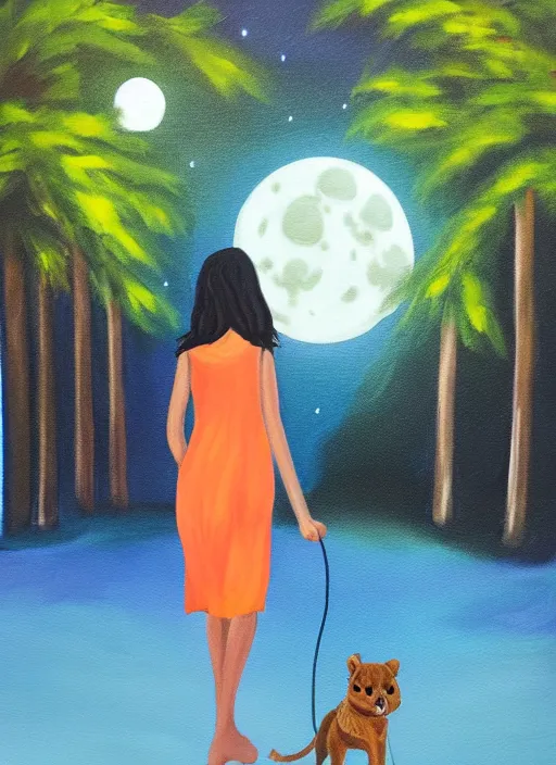 Image similar to young brown woman walking her dog in a park at night with a full moon, ceiba trees, acrylic painting, photoreal, fantasy