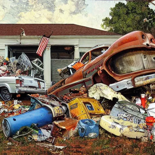 Prompt: A Norman Rockwell painting of a front front yard covered in thrash that has half of an old broken down truck in it, detailed, masterpiece