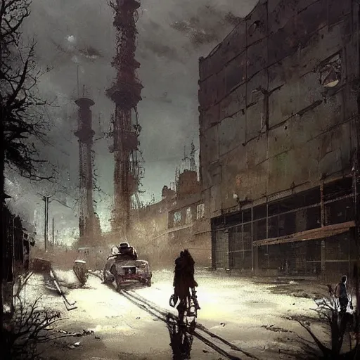 Prompt: painting by jakub rozalski of abandoned post soviet steampunk city