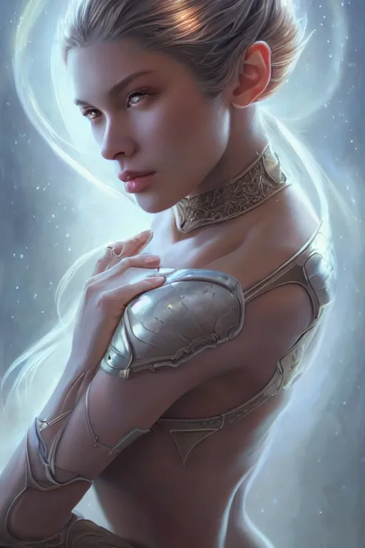 Prompt: a photorealistic painting of an attractive young girl, partially clothed in ethereal armor emitting psychic powers, beautiful bone structure, perfectly proportioned face, perfect eyes, intricate, elegant, highly detailed, hyper detailed, volumetric lighting, trending on tumblr, by artgerm, by loish, fantasy scene, fantasy aesthetic, trending on Artstation