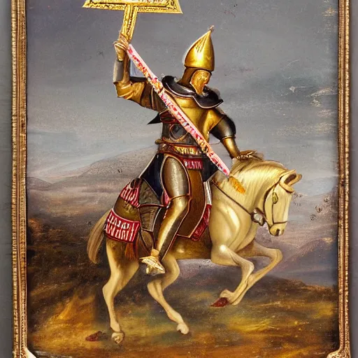 Prompt: bachir gemayel as a knight with a maronite cross on his chestplate, wearing a golden shining armor, with a longsword and a golden kiteshield, hightly detailed, ultra realistic, intricate details, perfect lighting, renaissance art