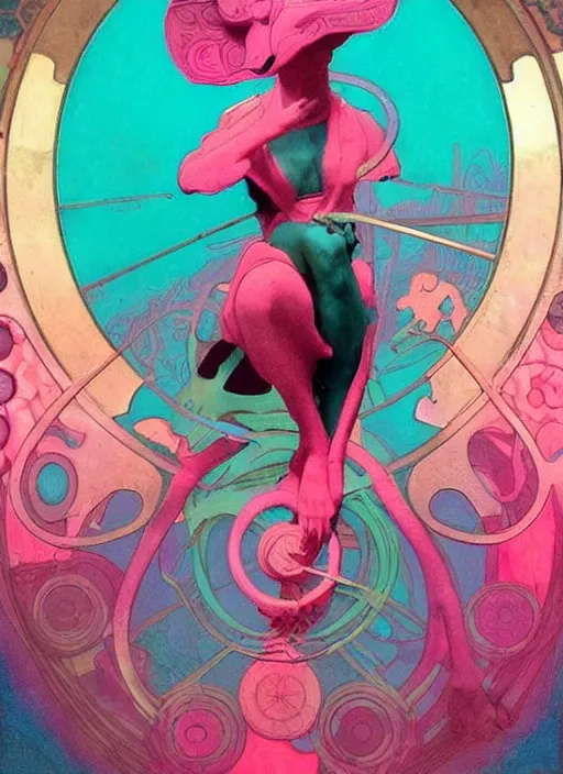 Image similar to mutant biomorphic biological biogeometric structure, hot pink and teal, cinematic graded palette. animal spirit guardian carousel painted jean - leon gerome, homer tanuka, james jean, mead schaeffer. trending on pinterest. influences from dean cornwell, greg tocchini, alphonse mucha, akira