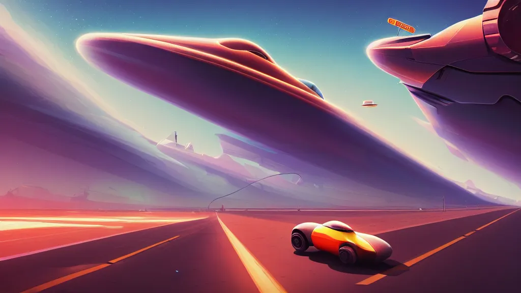 Prompt: rocket car driving on the lost highway route 6 6 to outer space. linear perspective. vanishing point. super highway. high speed. digital painting. digital render. beeple. noah bradley. cyril roland. ross tran. trending on artstation.