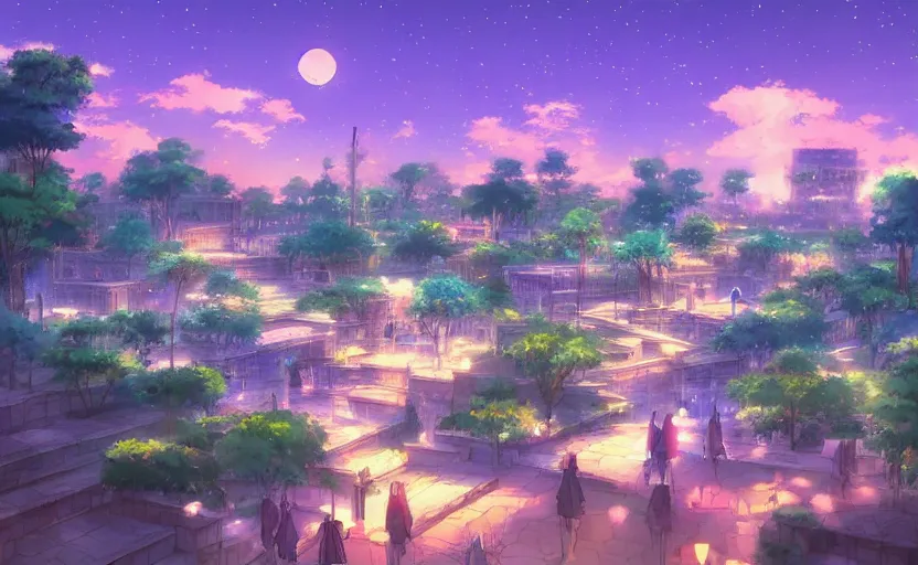 Image similar to beautiful landscape artwork of the gardens of babylon at night, ambient lights, masterpiece by Makoto Shinkai