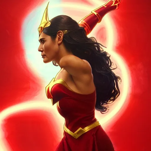 Image similar to iza calzado as darna, volumetric lights, red and cyan theme, art nouveau botanicals, intricate, highly detailed, digital painting, artstation, concept art, smooth, sharp focus, cinematic, illustration, beautiful face, art by artgerm and greg rutkowski and alphonse mucha