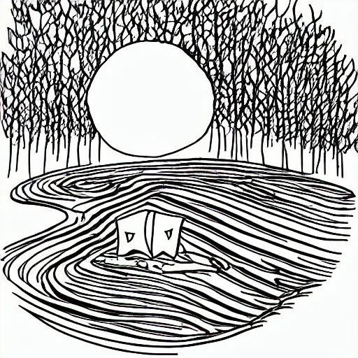 Image similar to simple line art tattoo design of a campsite, tent, trees, moon, fire, zaya, mük Jung