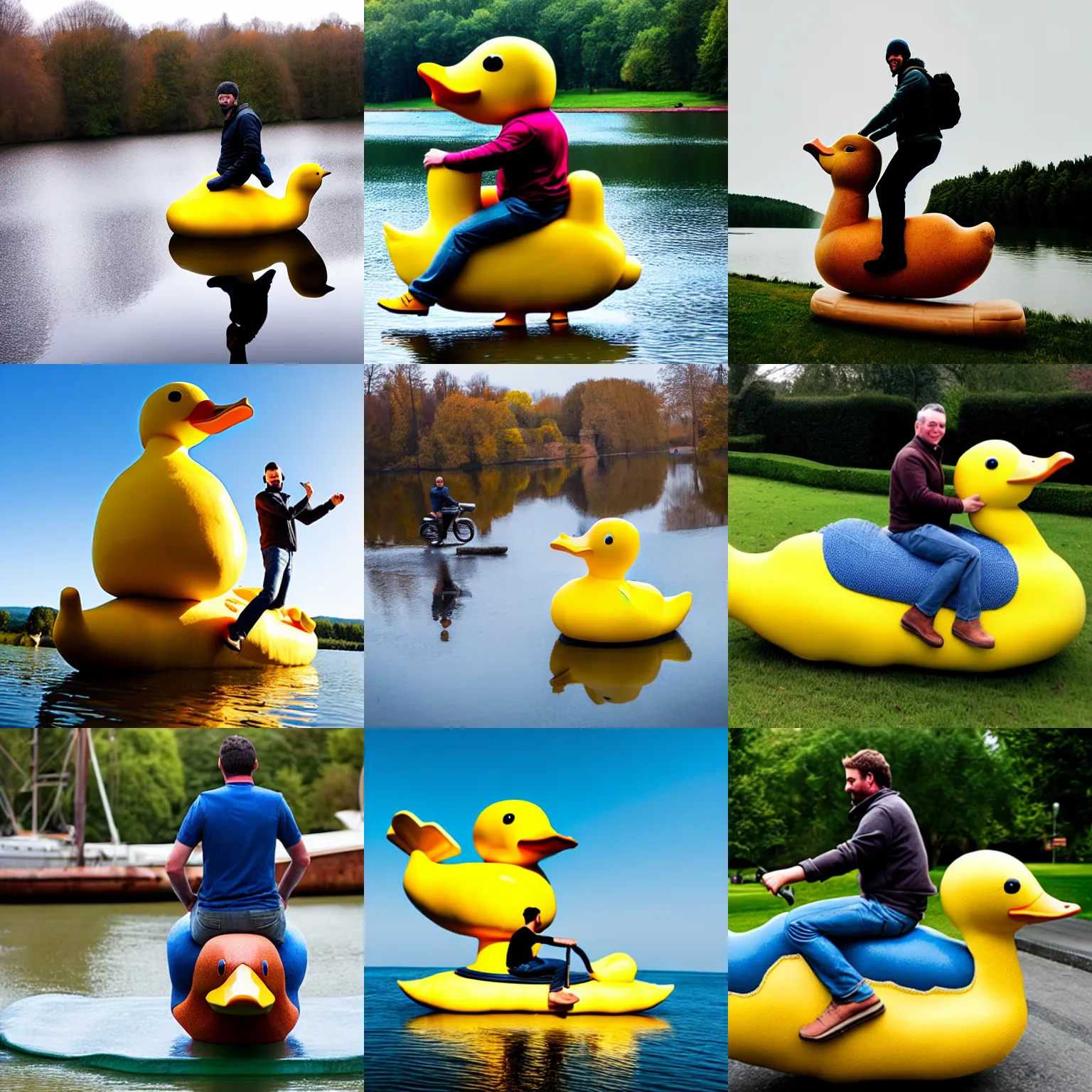 Prompt: man riding a giant duck