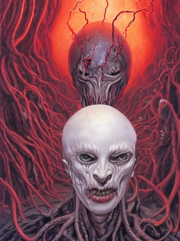 Image similar to painting by wayne barlowe of a flying sorrowful looking severed human head with tears running down it's eyes, face that is chalk white in color, with long sprawling white tentacles stemming down it's neck, fiery scorching red eyes, flying in a terrying hellish dark cavernous place