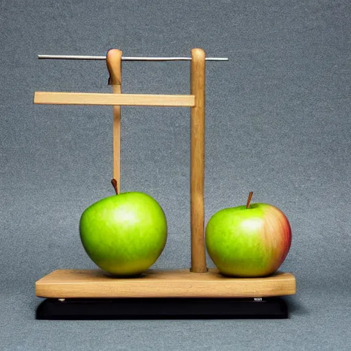 Image similar to set of balance scales with one apple in one side and one onion in the other