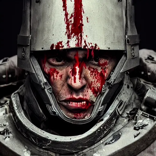 Image similar to portrait of a 5 0 year old soldier with vertical slits on his nose, angular eyebrows, wearing blood - spattered glossy sleek white dinged scuffed armor and a long torn red cape, heroic posture, battle - weary, strained expression, determined expression, no helmet, on the surface of mars, dramatic lighting, cinematic, sci - fi, hyperrealistic, detailed
