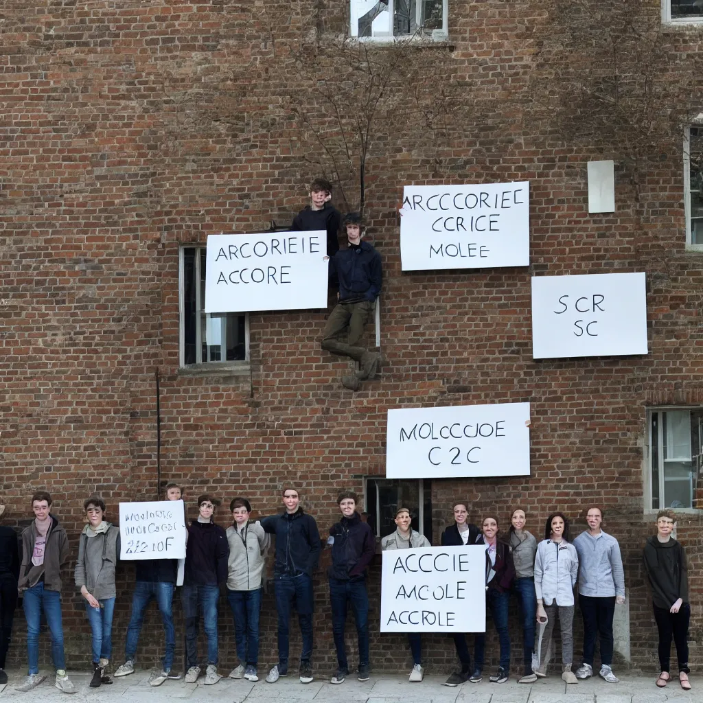 Image similar to a group of students stand in front of the cambridge architecture studio by mole architects, holding a sign with the words ARCSOC 2022–23