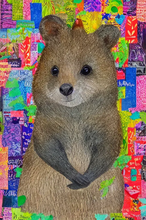 Image similar to detailed illustration, a portrait of a happy quokka on rotttnest island constructed from colored paper, collage, may gibbs, layered composition, layers, texture, textured, layered, sculpted, dynamic, 🦋, 🌱,