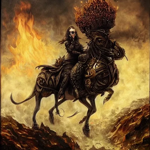 Image similar to a hyperrealistic painting of a beautiful woman with demonic horns wearing steampunk goggles, riding a horse into the fires of hell, by santiago caruso, highly detailed,