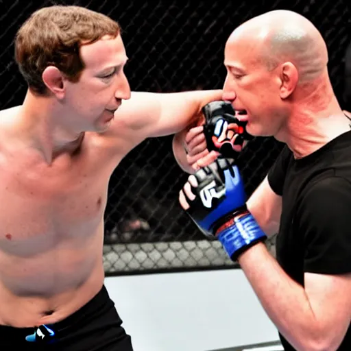 Image similar to mark zuckerberg fighting jeff bezos in the octagon ufc