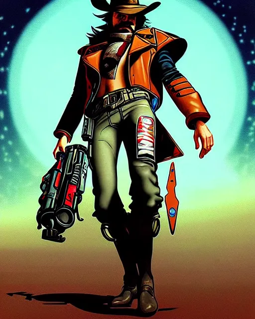 Image similar to mccree from overwatch, cyber space cowboy, character portrait, portrait, close up, concept art, intricate details, highly detailed, vintage sci - fi poster, retro future, vintage sci - fi art, in the style of chris foss, rodger dean, moebius, michael whelan, and gustave dore