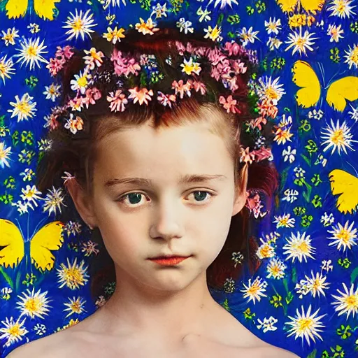 Prompt: A beautiful digital art of a young girl surrounded by a field of wildflowers. She has a butterfly on her shoulder and a mischievous look on her face. marimekko, papier mache by Jackson Pollock, by Ryan McGinley colorful