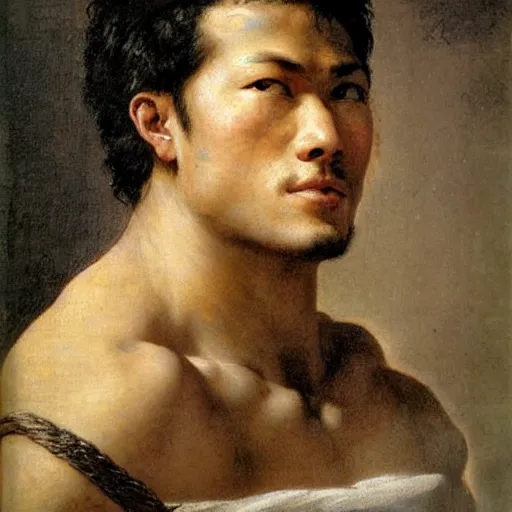 Image similar to Gladiator, muscular, asian, handsome, detailed face, correct face, painting by Jean Baptiste Greuze