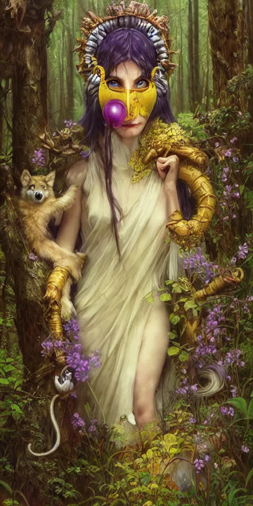 Prompt: hyper realistic Princess Mononoke in her mask, lush rainy forest landscape, wolves, magic, castle, jewels, style of tom bagshaw, mucha, james gurney, norman rockwell, gems and gold, waterfalls, denoised, sharp, yellow purple colours,