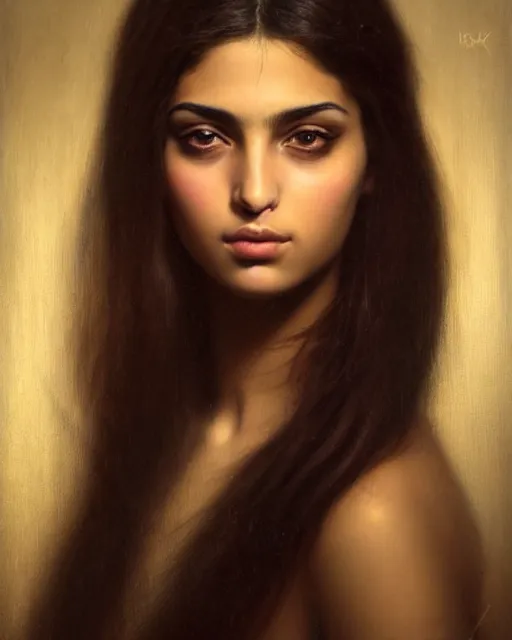 Image similar to a highly realistic, true to life portrait of a beautiful young middle eastern girl, sharp focus, from the waist up, with sharp features, a beautiful face, soft smile, under studio lighting, taken with a canon eos camera with 1 3 5 mm focal length, art by karol bak, james jean, tom bagshaw, trending on artstation,