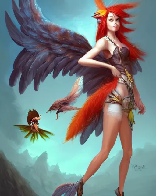 Prompt: cute female harpy as a pizza delivery woman, with bird wings and bird feet. feathers for hair, cute, cinematic character design, stunning, highly detailed digital painting, artstation, smooth urban fantasy artwork, art by jessica rossier and brian froud