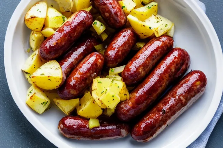 Image similar to bbq sausages potato salad dinner shallow fried food photography delicious