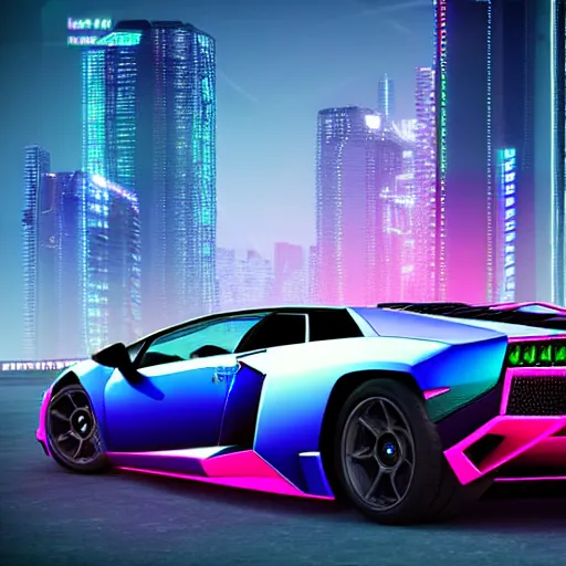 Prompt: epic professional digital art of photorealistic synthwave lamborghini murcielago driving through neon cyberpunk futuristic city towers, mountains in background, detailed, intricate, sporty, unreal engine 6, maya render