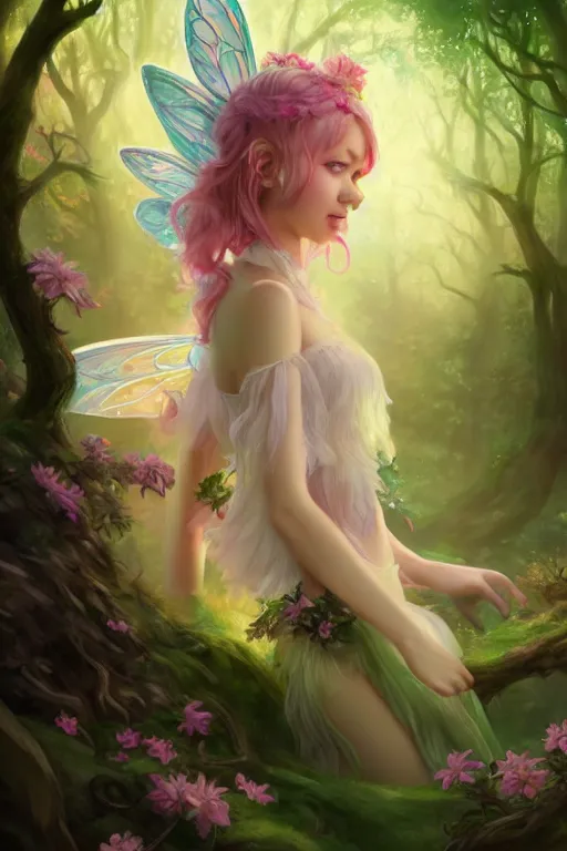 Image similar to a cute fairy in the dreamy forest, fantasy, 8 k resolution, hyper detailed, d & d, character design, digital painting, trending on artstation, sharp focus, illustration, art by artgerm, steve zheng, fuji choko, viktoria gavrilenko, hoang lap