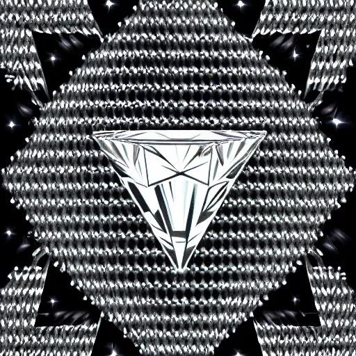 Prompt: a large, shining diamond. It is cut perfectly and reflects the light in a million different ways. All around the diamond are smaller diamonds, all different sizes and shapes. They are all arranged in a symmetrical pattern. The background is a deep black, making the diamonds stand out even more. To the left of the diamond is a man, wearing a suit made of the same material as the diamonds. He is smiling and holding out his hand, as if offering the diamond to the viewer. To the right of the diamond is a woman, also wearing a suit made of diamonds. She has her arms crossed and a look of disdain on her face.