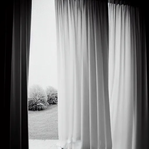 Prompt: a detailed photograph of the outside of a house with curtains in the windows, a supermodel is peeking out at you through the curtains, 8 k, highly detailed, editorial