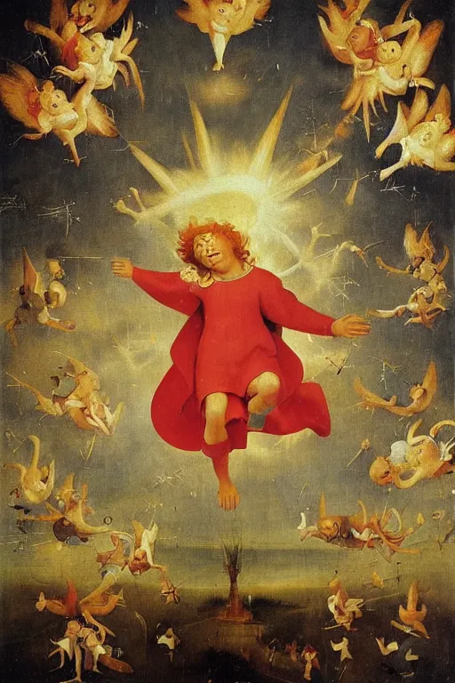 Prompt: ronald mcdonald as an angel ascending into the heavens with wings made of french fries, cute winged chicken nuggets flying all around, halo, sunbeams, clouds, oil on panel, by hieronymus bosch