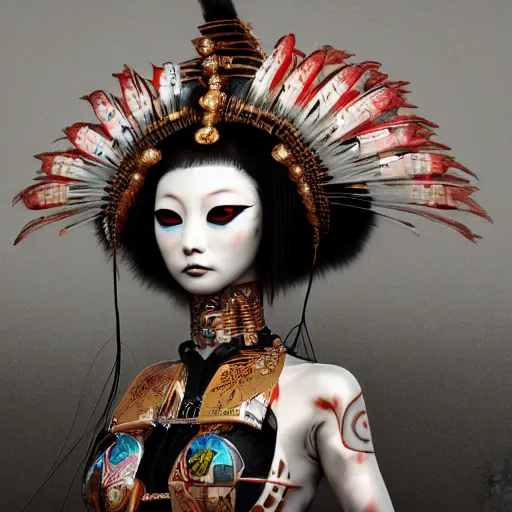 Prompt: japanese cyborg geishas in a ceremony with extremely detailed headdress, inspired by die antwoord beautiful, hand painted textures, cloth physics, deviantart, karol bak, masamune shirow, black and white, beautiful kawaii lighting, photorealistic, concept art, perfect render, 3 d render, pixar, 8 k