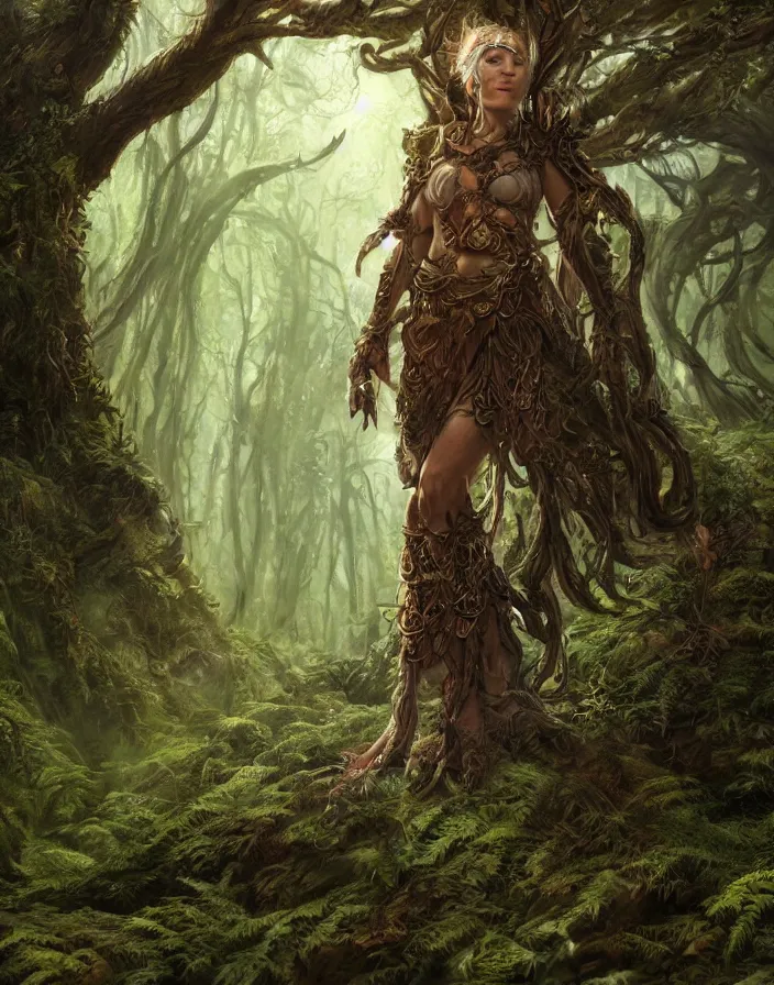 Image similar to a woman tree druid with fern clothing, fully clothed, two arms, standing in front of a sprawling forest temple, D&D, fantasy, intricate, cinematic lighting, highly detailed, digital painting, artstation, concept art, smooth, sharp focus, illustration, art by Justin Gerard