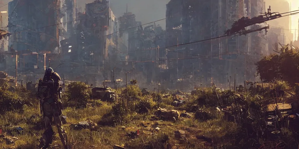 Image similar to screenshot from a post apocalyptic overgrown cyberpunk video game, fps, octane render, first person weapon, raytracing, by craig mullins, james gurney, sparth, greg rutkowski ”