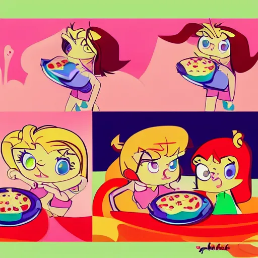 Image similar to powerpuff girls eating pizza, highly detailed, epic lighting, hyper photorealism, 8 k