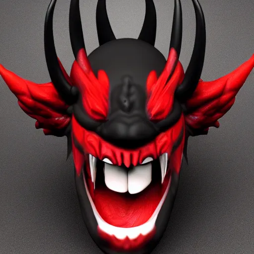 Image similar to black demon with evil face red eyes red mouth, wings, 3 d blender, 8 k, high quality, highly realistic photo realistic