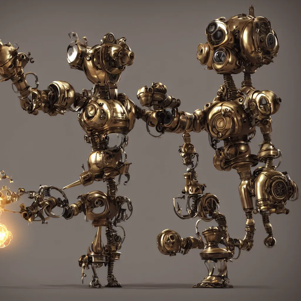 Image similar to steampunk style sweeping robot, photorealistic, 3 d rendering, cute, unreal engine, bokeh