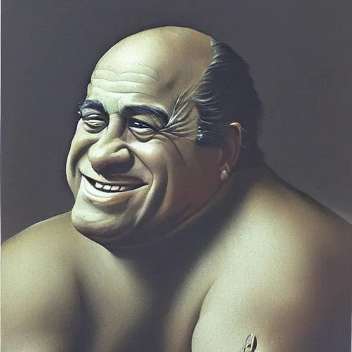 Prompt: portrait of the face of danny devito smiling sly intricate detailed by boris vallejo