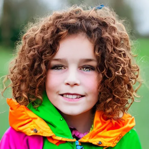 Prompt: a head and shoulders portrait photograph of a very cute seven year old girl with short wavy curly light brown hair and blue eyes wearing a colorful raincoat in the rain. high quality professional photo