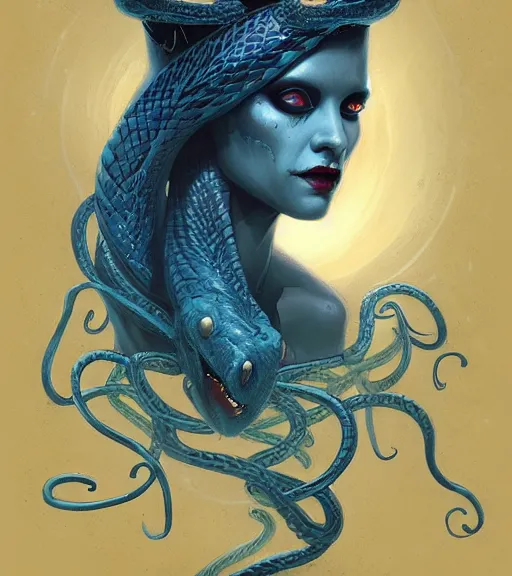 Image similar to queen of snakes, crown of snakes, blue skin, by Anato Finnstark, Tom Bagshaw, Brom