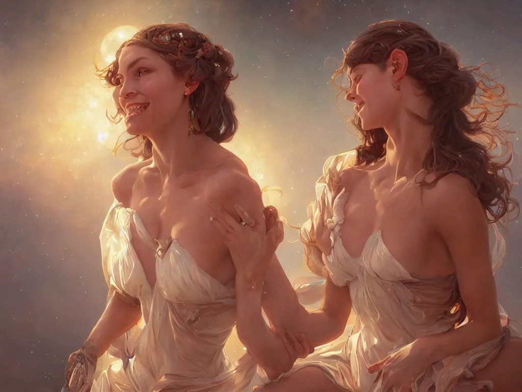 Prompt: epic portrait an star goddess smiling, beauty, sweaty skin, glossy lips, intricate, full frontal shot, highly detailed, digital painting, artstation, concept art, sharp focus, illustration, art by artgerm and greg rutkowski and alphonse mucha