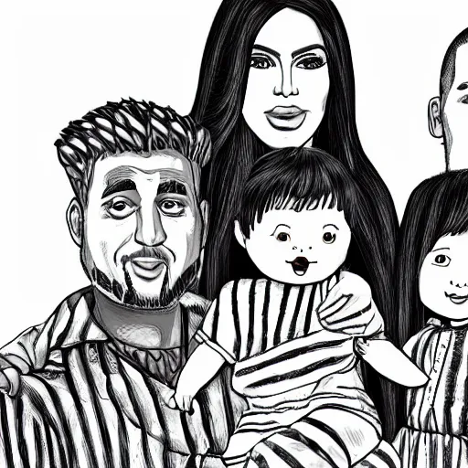 Prompt: Family portrait of Kim Kardashian and husband Freddy krueger with their 3 children. illustration, highly detailed