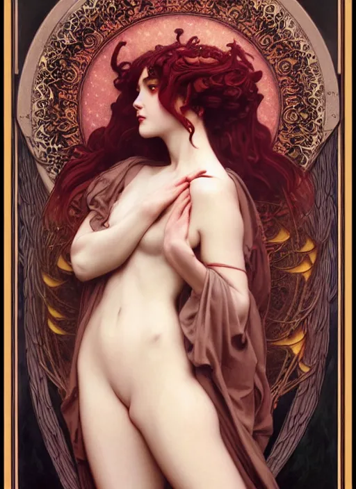 Prompt: majestic demonic succubus porcelain skin girl movie poster, art style by edmund leighton, tom bagshaw, alphonse mucha, exquisite digital art, iconic, masterpiece, organic painting, photorealistic, ornate and hyper detailed