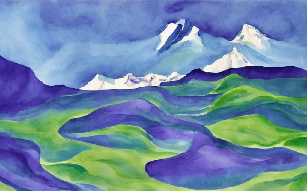 Image similar to the alps and reflection in a lake in the style of georgia o keeffe. colorful, wavy. painting. medium long shot. perspective. color palette of blue, yellow, purple, green.