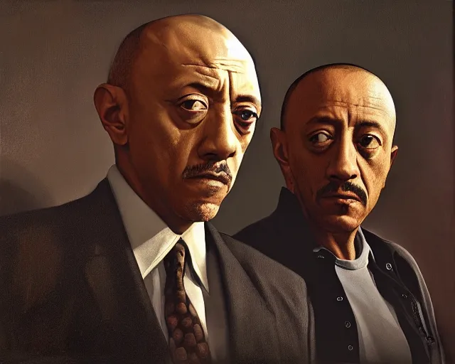 Prompt: jonathan banks as mike ehrmantraut and giancarlo esposito as gustavo fring from breaking bad, cinematic lighting, oil painting portrait